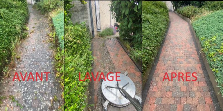 Allée en pavés avant et après désherbage et lavage par Furtipro