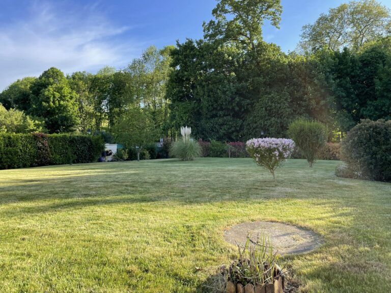 Grand jardin entretenu par Furtipro : pelouse tondue, massifs et haies taillées